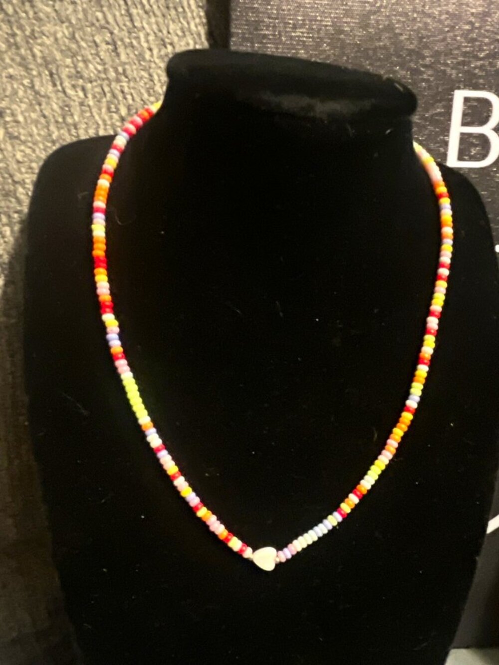 Multicolor Glass Beaded Necklace w/ Heart Accent, Adjustable Lobster Clasp